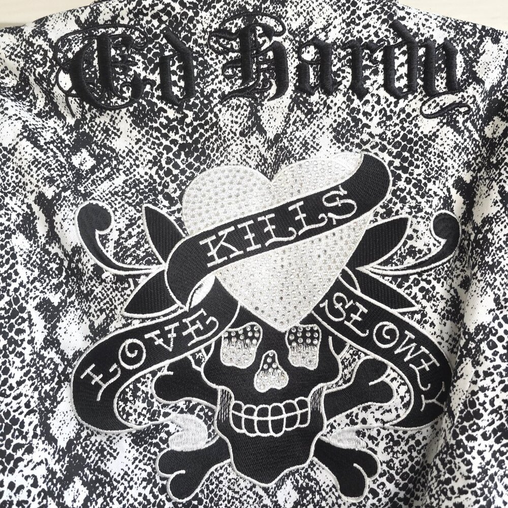 ED HARDY Black White Snake Print Belt Appliqued Rhinestones Trench Coat - Picture 2 of 13